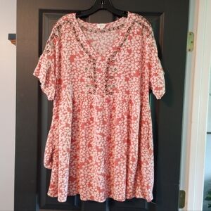 143 Story by Lineup Floral Chevron V Neck T Shirt Dress Coral Tunic With Pockets